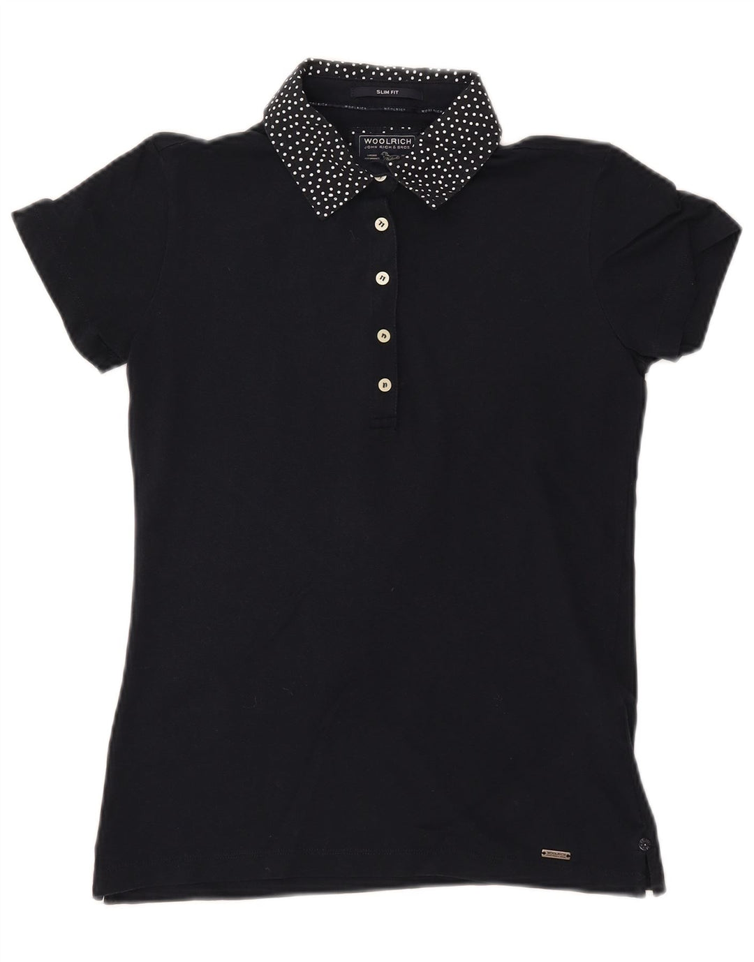 Camisa polo feminina WOOLRICH Slim Fit Reino Unido 12 algodão manchado azul marinho médio