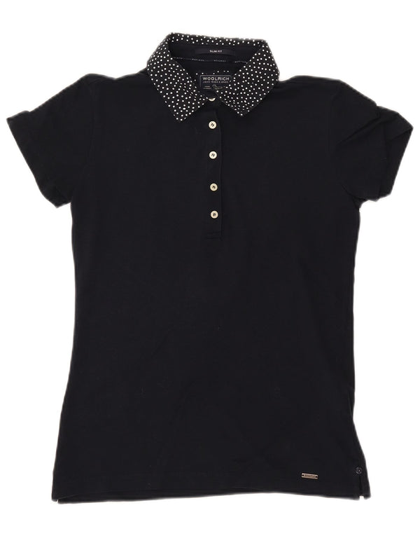 Camisa polo feminina WOOLRICH Slim Fit Reino Unido 12 algodão manchado azul marinho médio