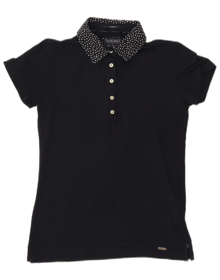 Camisa polo feminina WOOLRICH Slim Fit Reino Unido 12 algodão manchado azul marinho médio