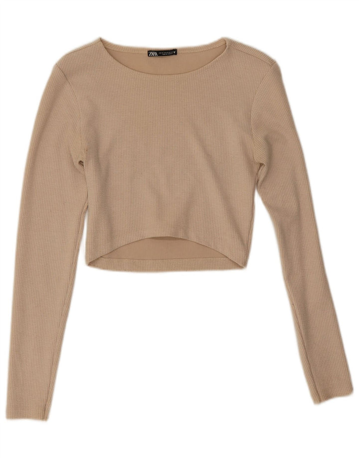 Zara Womens Crop Top Manga Longa Reino Unido 12 Médio Bege