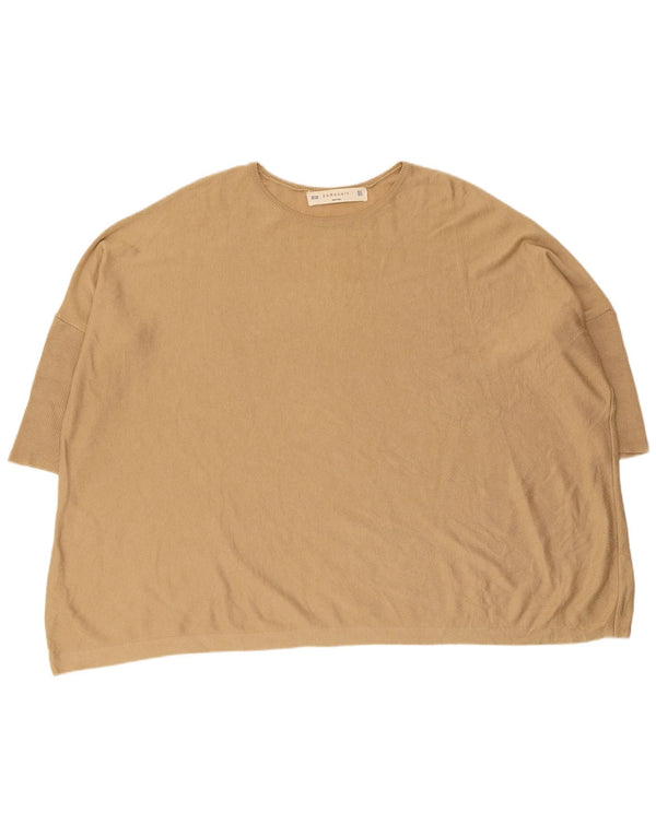 Suéter feminino Zara de manga curta com gola redonda Reino Unido 14 médio bege