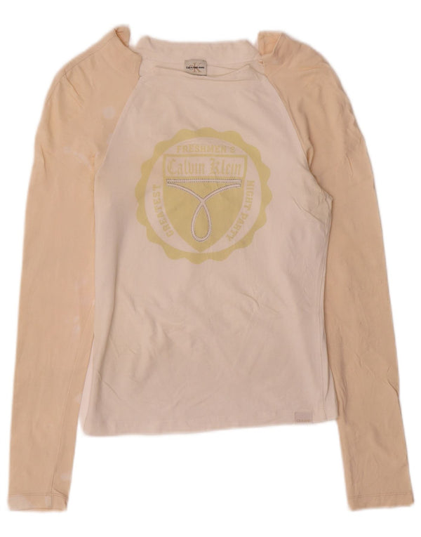 Calvin Klein Jeans Feminino Top Gráfico Manga Longa Reino Unido 6 XS Branco Colorblock