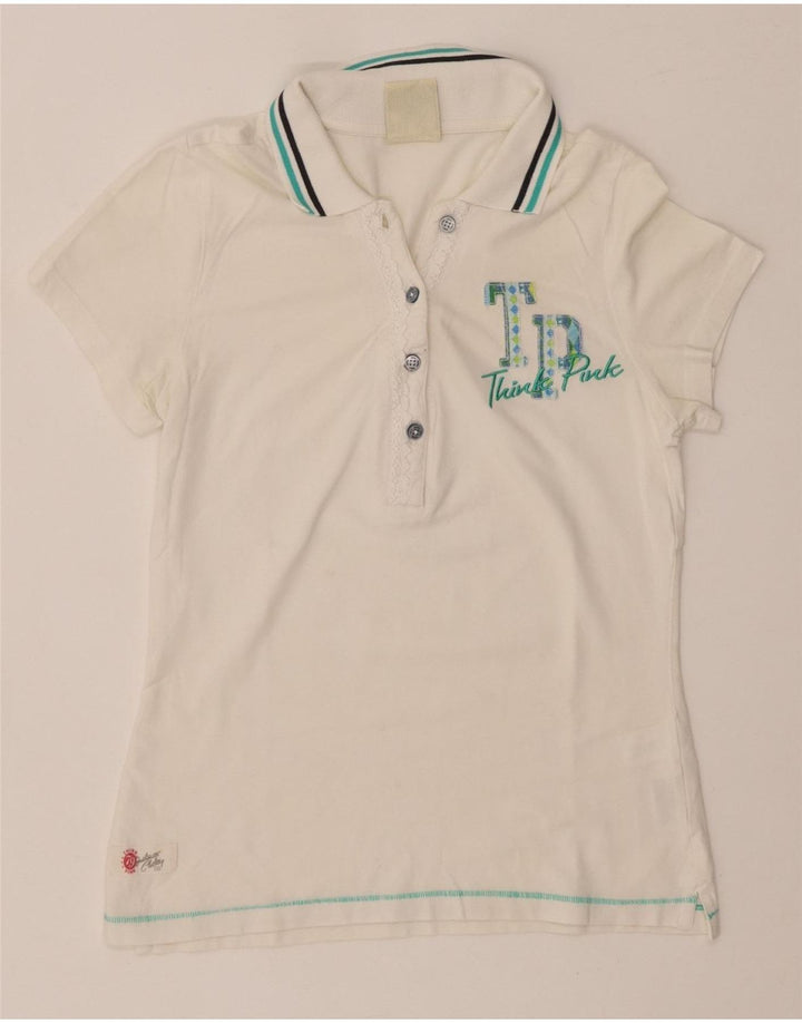 Camisa polo feminina gráfica THINK PINK Reino Unido 8 algodão branco pequeno