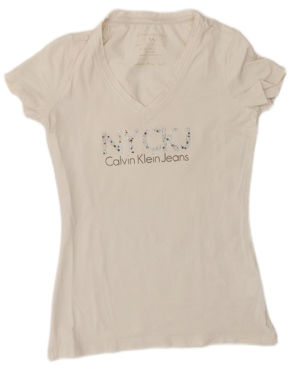 Camiseta feminina Calvin Klein Jeans com estampa gráfica UK 6 XS algodão branco