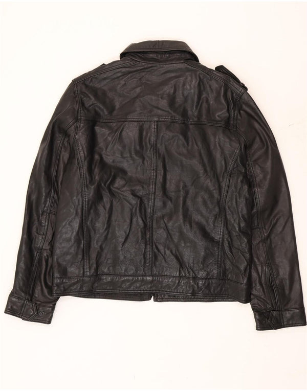Tommy Hilfiger Mens Military Leather Jacket UK 40 Large Black