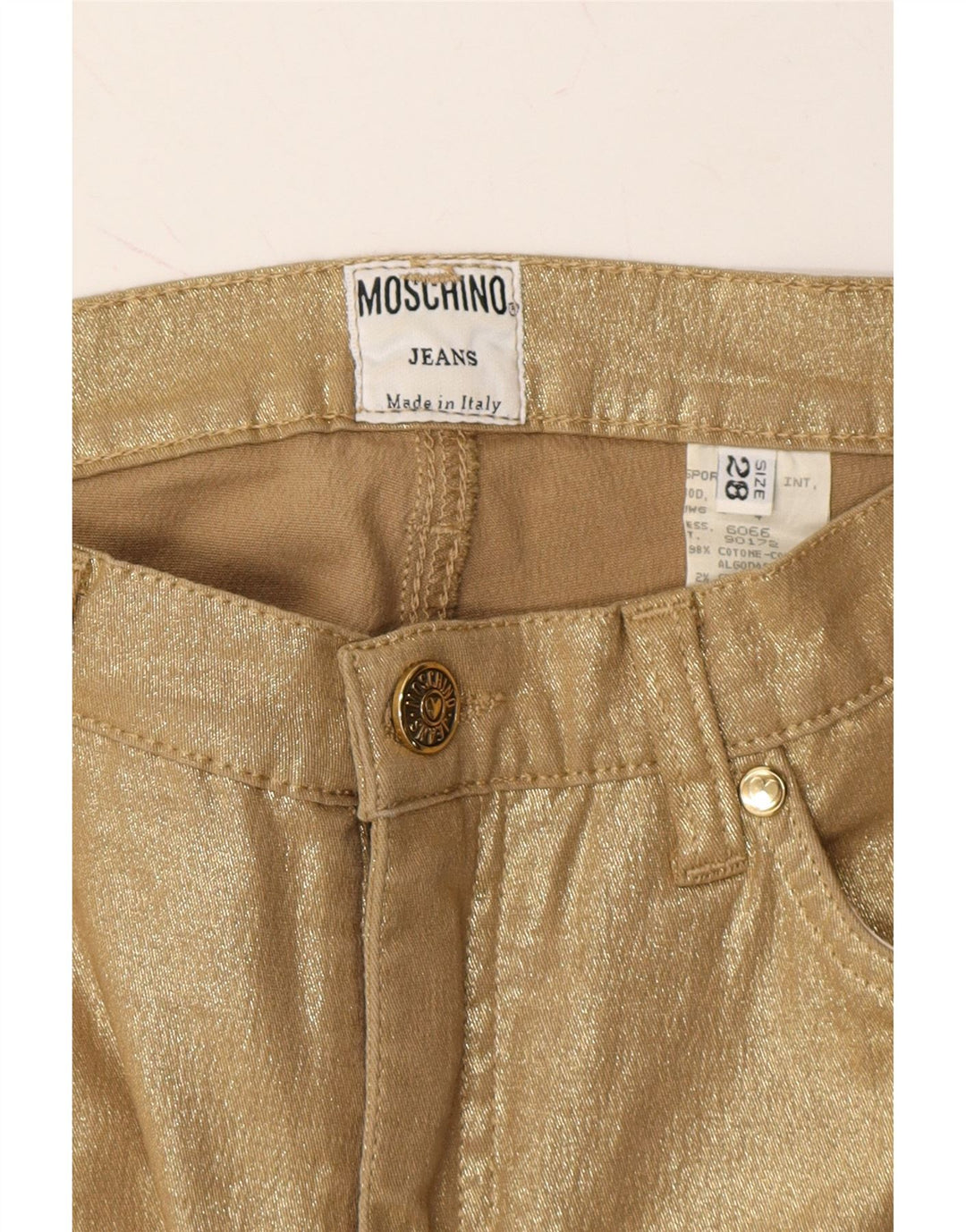 MOSCHINO Womens Straight Casual Trousers W28 L29 Gold Cotton Vintage Moschino and Second-Hand Moschino from Messina Hembry 