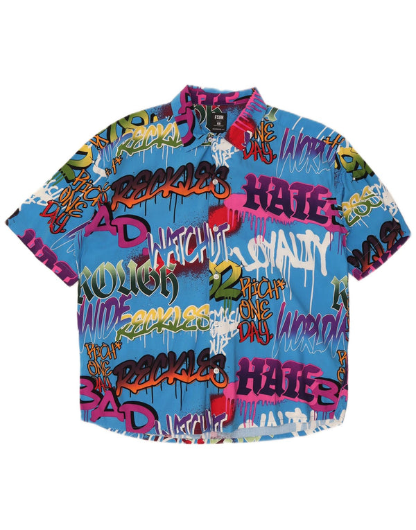 Camisa masculina VINTAGE de manga curta com estampa grande e azul pequeno