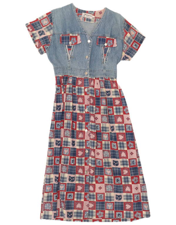 Vestido vintage feminino linha A UK 14 grande patchwork azul