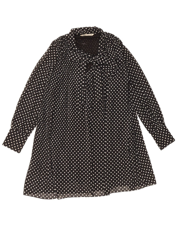 Vestido feminino Zara de manga comprida com gravata frontal evasê Reino Unido 14 médio preto bolinhas