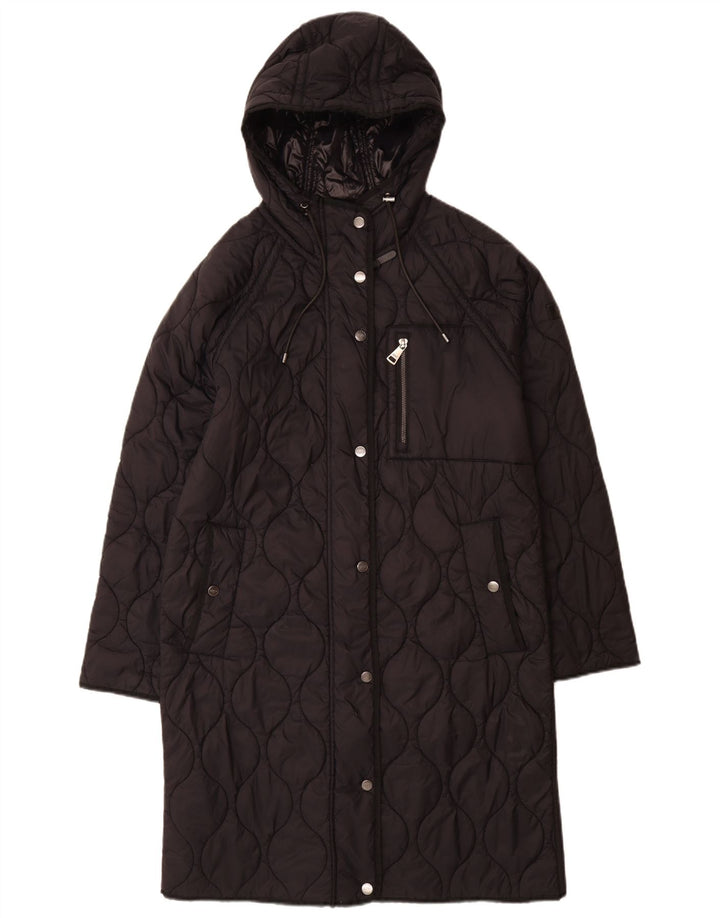 Sobretudo feminino acolchoado com capuz grande Dkny Reino Unido 10 pequeno nylon preto