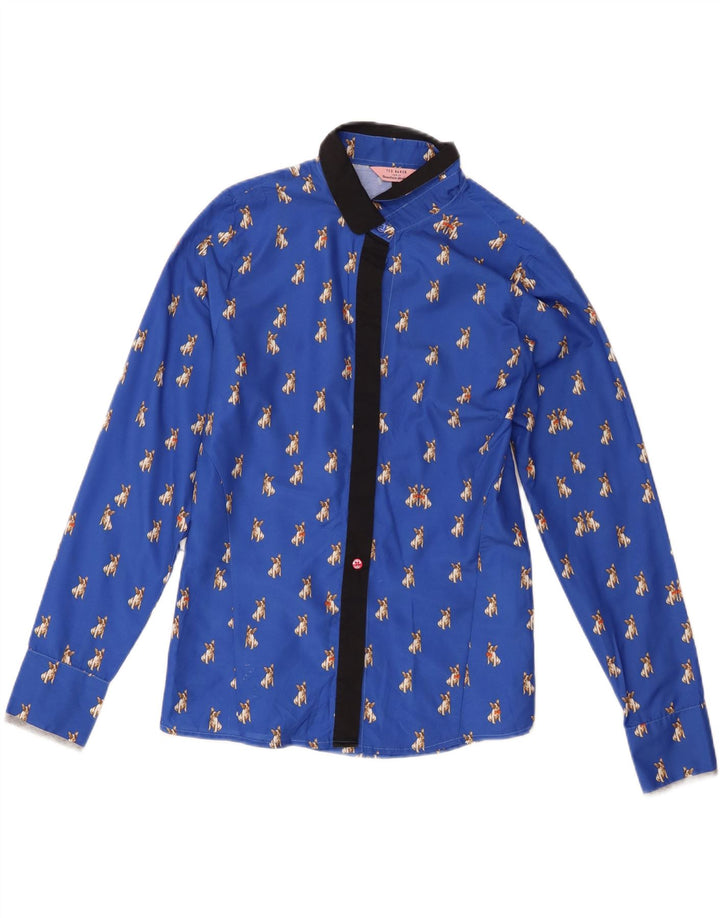 Camisa feminina Ted Baker tamanho 2 poliéster azul pequeno com estampa animal