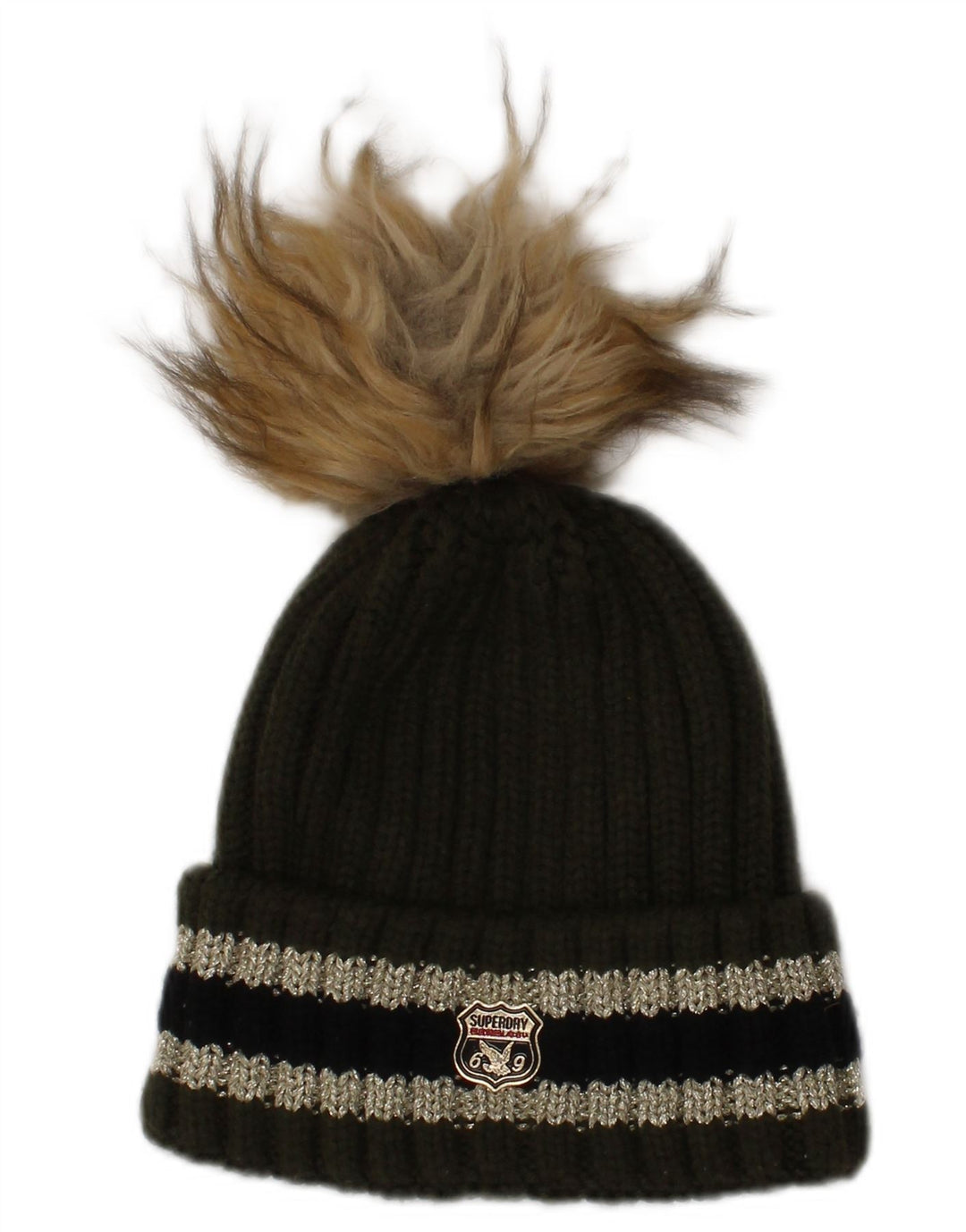 Chapéu feminino Superdry de malha Bobble tamanho único cáqui listrado inverno