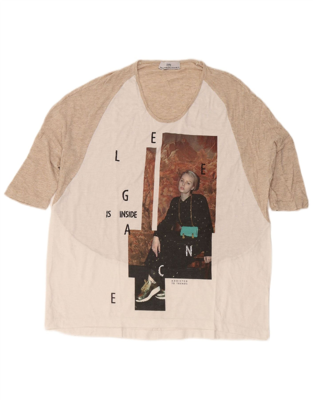 Zara Camiseta feminina gráfica Top UK 14 Medium White Colorblock