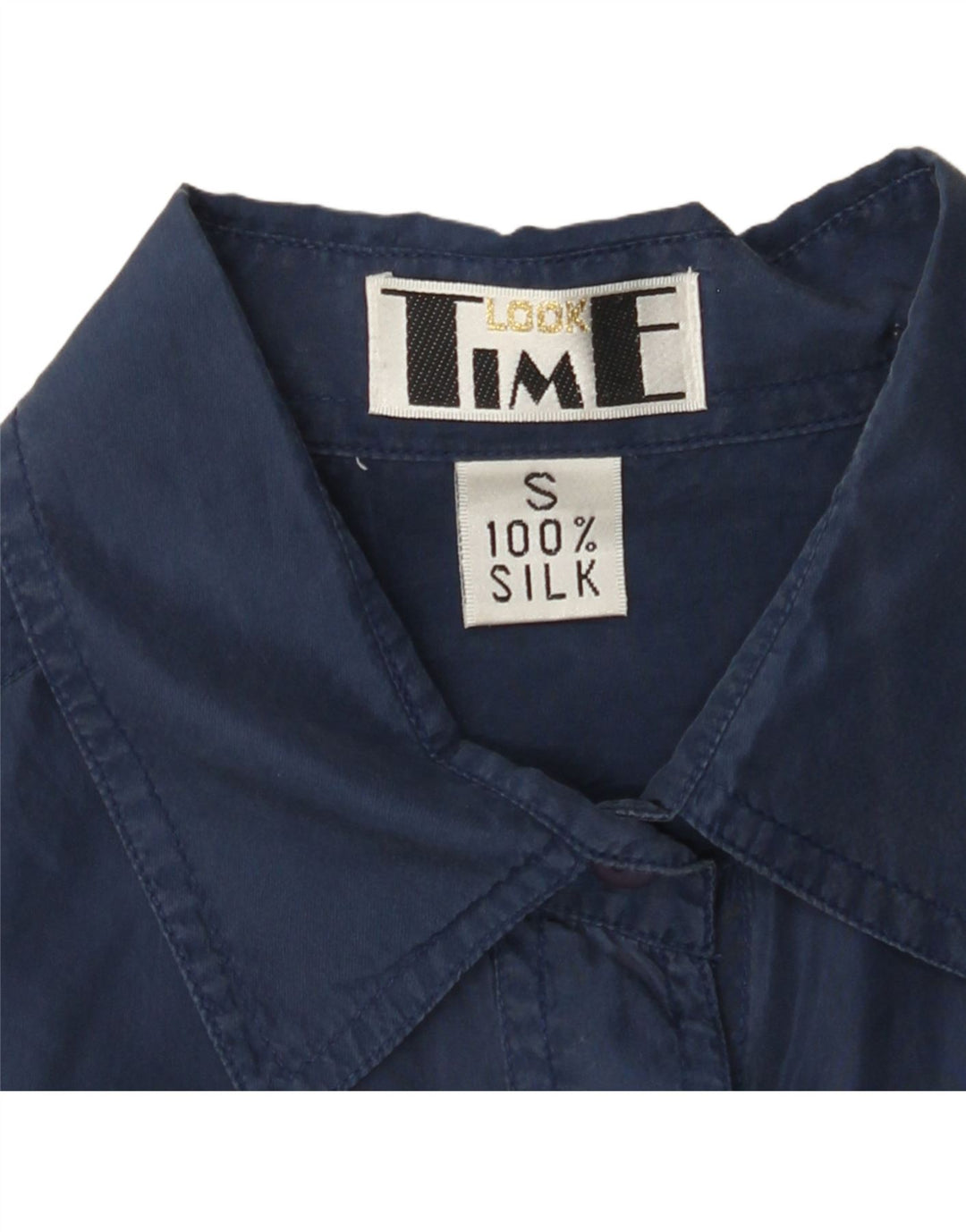 Camisa feminina VINTAGE grande tamanho UK 10 pequena seda azul marinho