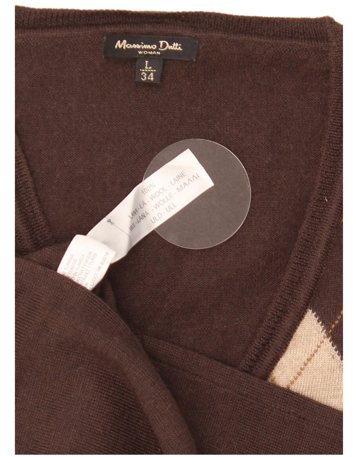 Suéter feminino Massimo Dutti com decote em V Reino Unido 14 grande marrom argyle/diamante