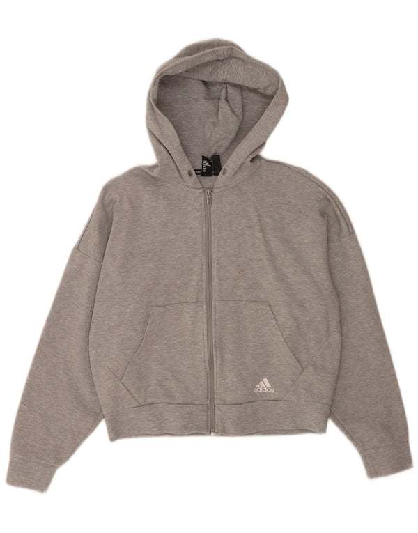 Suéter Adidas Feminino Relaxed Fit Zip com Capuz UK 8/10 Pequeno Listrado Cinza
