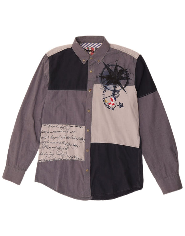 Camisa gráfica masculina Desigual algodão colorblock azul médio