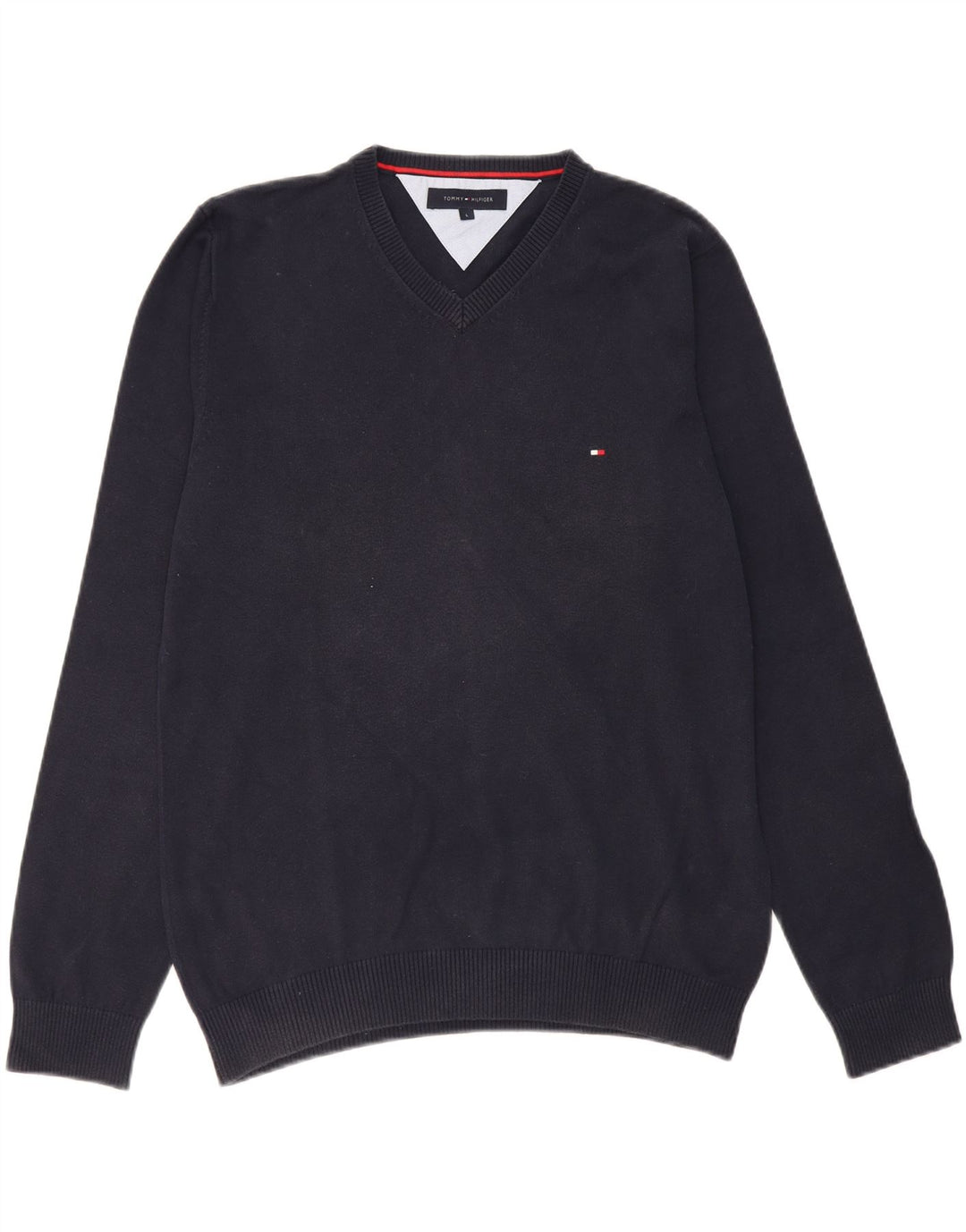 TOMMY HILFIGER Mens V-Neck Jumper Sweater Large Navy Blue Cotton Vintage Tommy Hilfiger and Second-Hand Tommy Hilfiger from Messina Hembry 