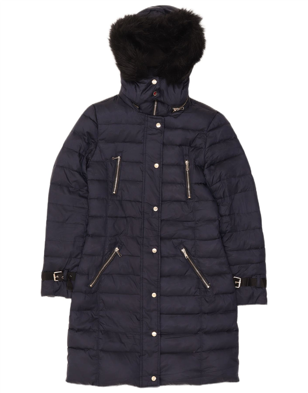 Casaco acolchoado com capuz feminino Zara UK 10 pequeno poliéster azul marinho