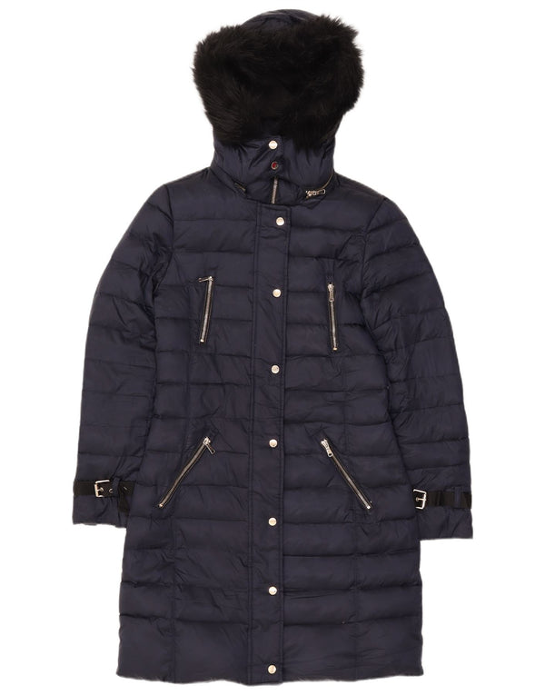 Casaco acolchoado com capuz feminino Zara UK 10 pequeno poliéster azul marinho