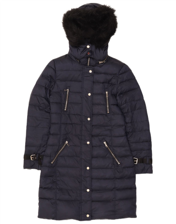 Casaco acolchoado com capuz feminino Zara UK 10 pequeno poliéster azul marinho