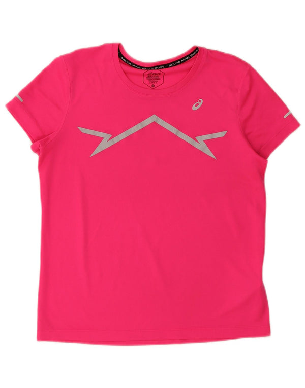 Camiseta feminina Asics Graphic UK 10 pequena rosa poliéster