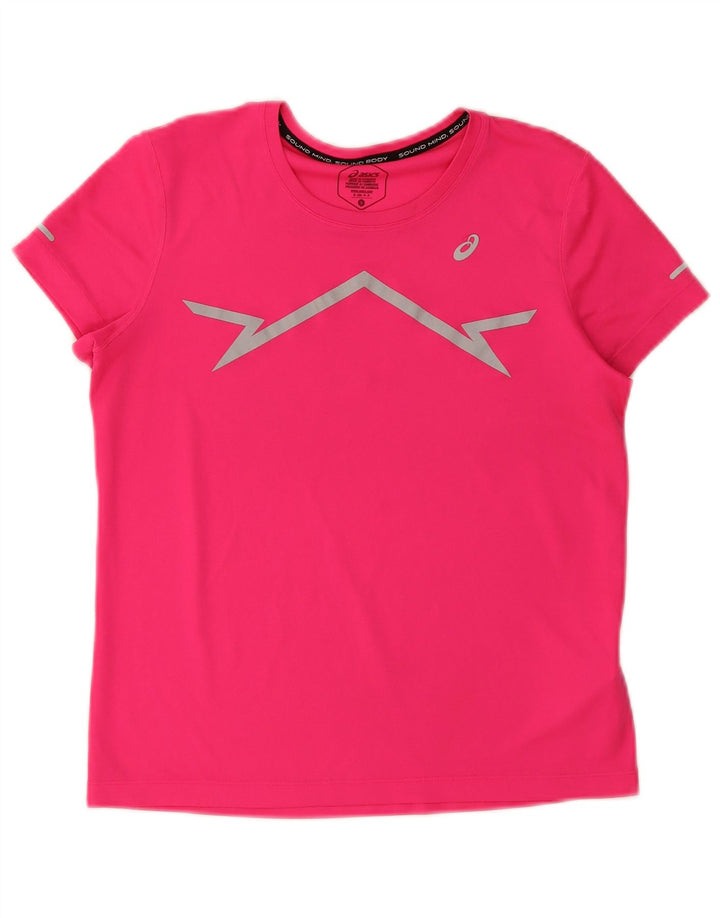Camiseta feminina Asics Graphic UK 10 pequena rosa poliéster