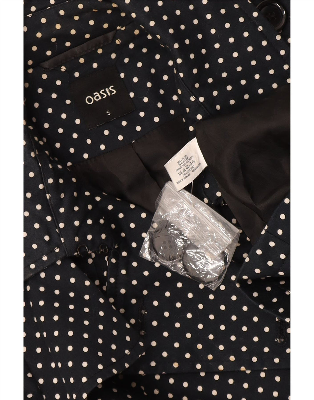 Trench Coat feminino Oasis UK 8 pequeno algodão preto com bolinhas