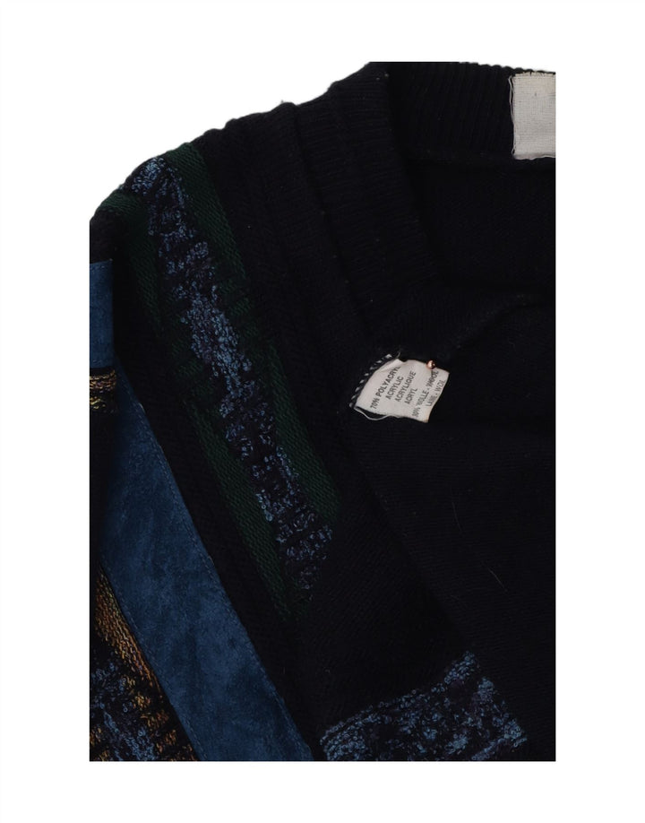 Suéter vintage masculino com decote em V grande poliacrílico geométrico azul marinho