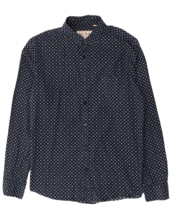 Jack Wills Camisa masculina clássica de ajuste médio azul marinho algodão geométrico