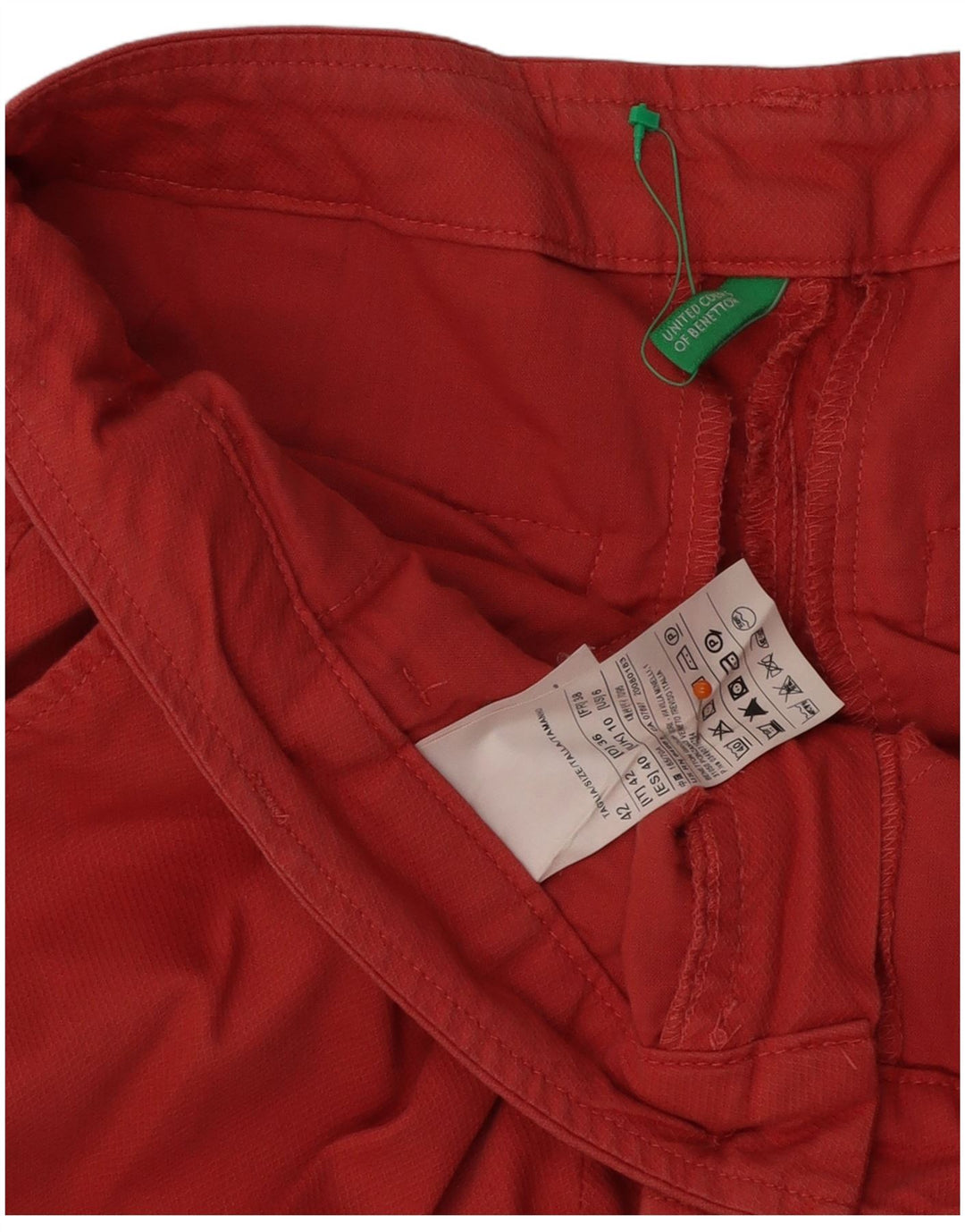 Calça feminina cortada reta BENETTON UK 10 pequena W31 L25 algodão vermelho