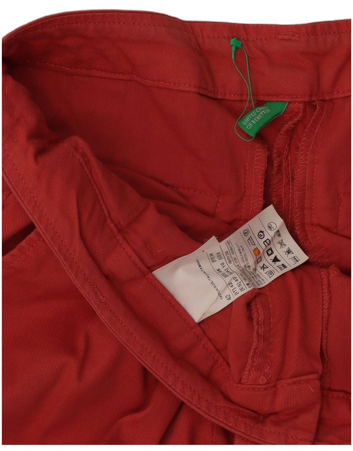 Calça feminina cortada reta BENETTON UK 10 pequena W31 L25 algodão vermelho