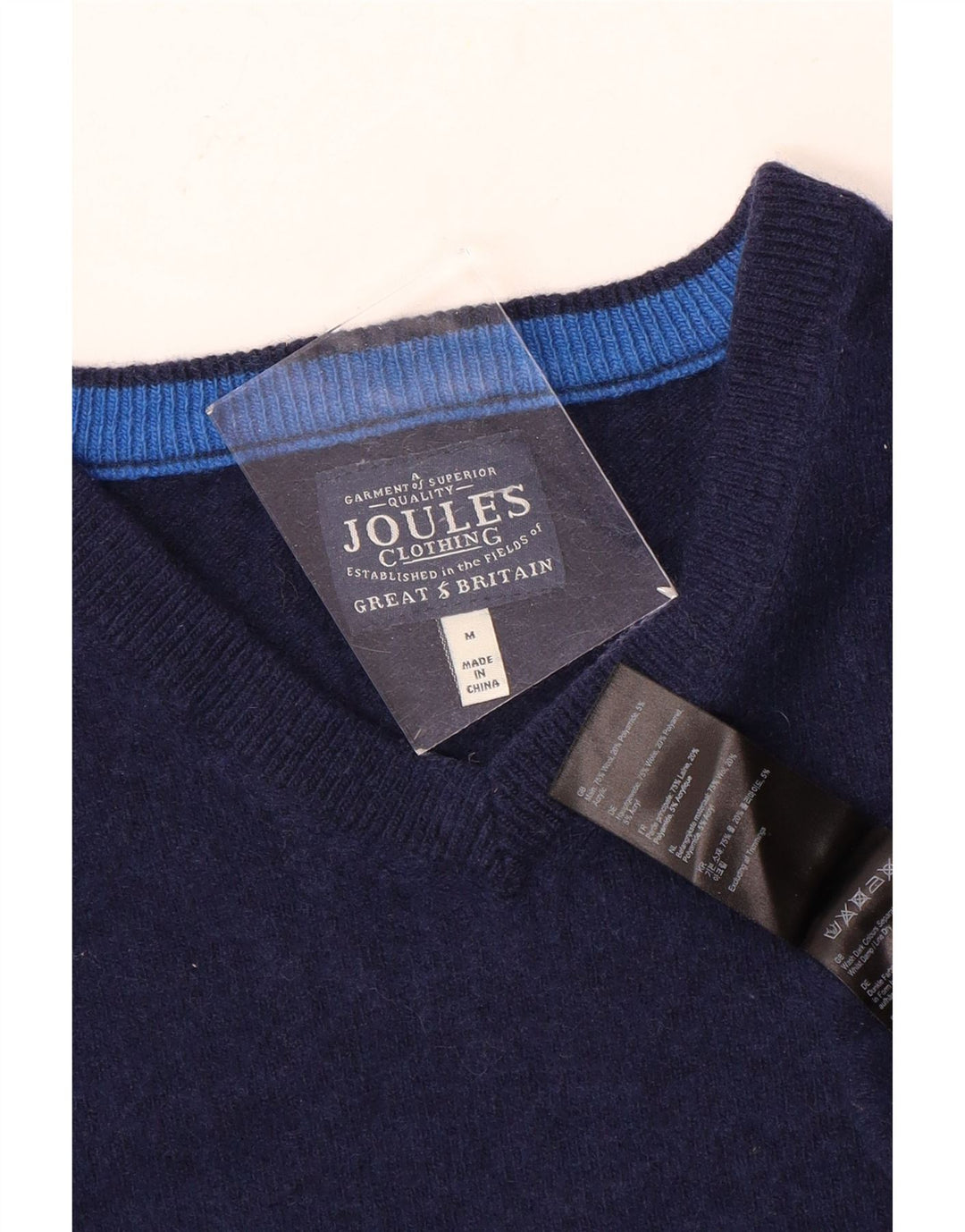 Suéter masculino Joules com decote em V de lã azul marinho médio