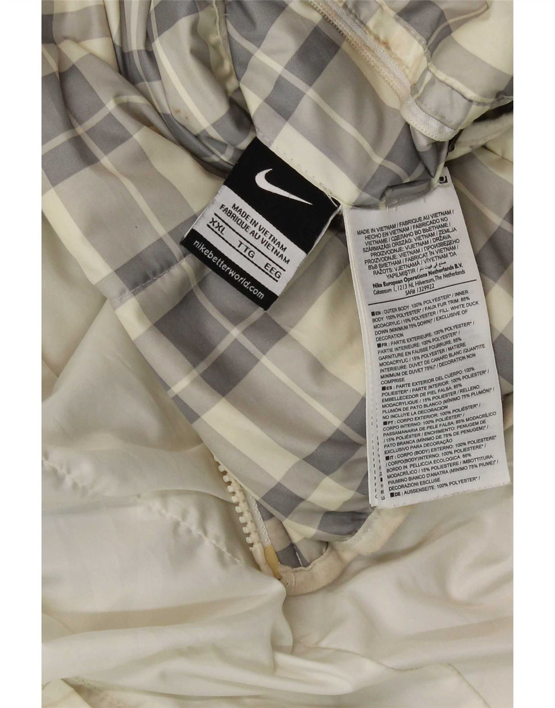 Jaqueta acolchoada reversível com capuz Nike masculina UK 44 2XL poliéster xadrez branco