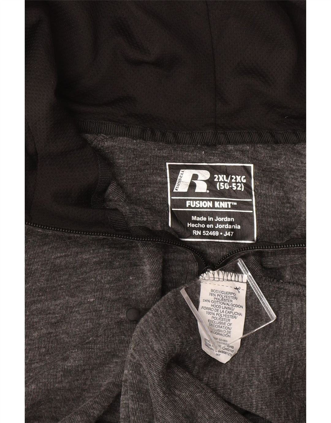 Suéter masculino com capuz e zíper RUSSELL ATLÉTICO 2XL algodão manchado cinza