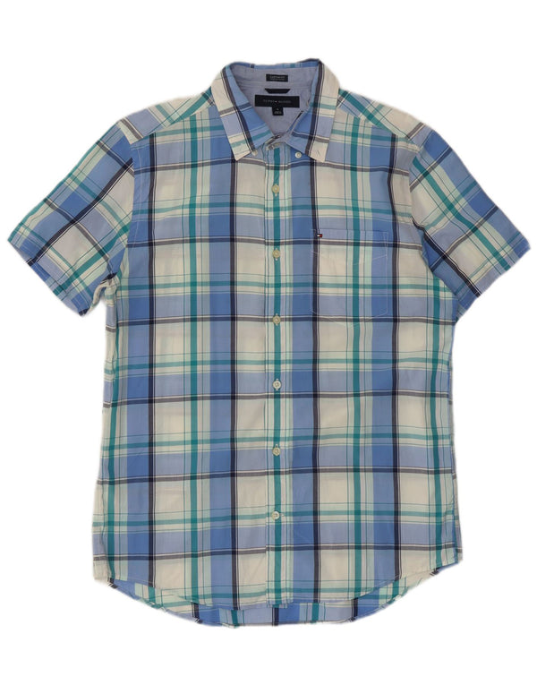Tommy Hilfiger Camisa masculina de manga curta personalizada de algodão xadrez azul médio