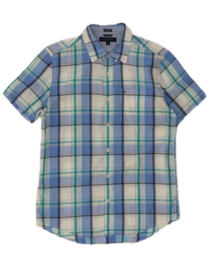 Tommy Hilfiger Camisa masculina de manga curta personalizada de algodão xadrez azul médio