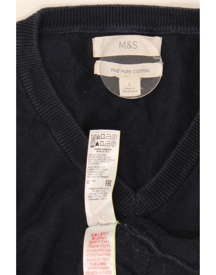 Suéter masculino Marks & Spencer com decote em V grande algodão azul marinho