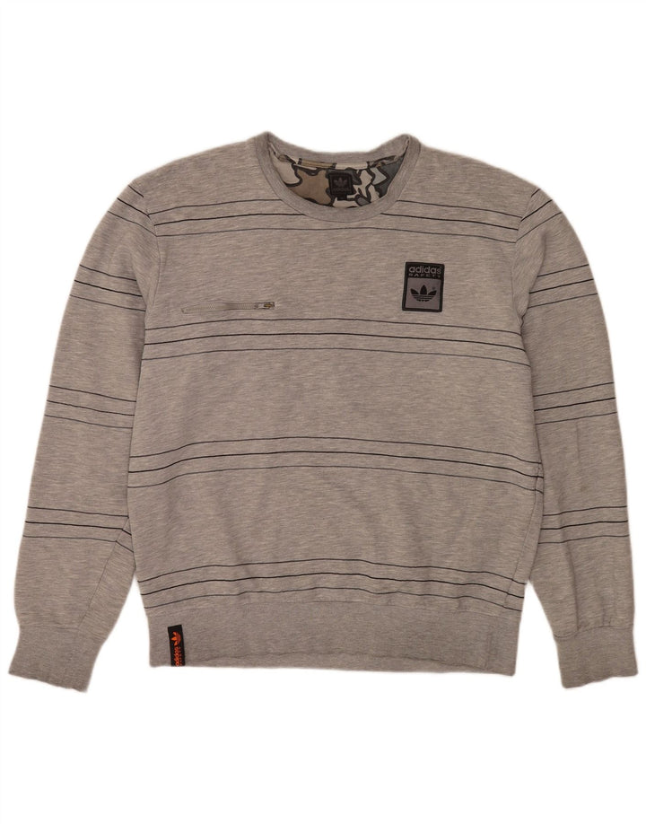 Adidas Mens Moletom Jumper Grande Algodão Listrado Cinza