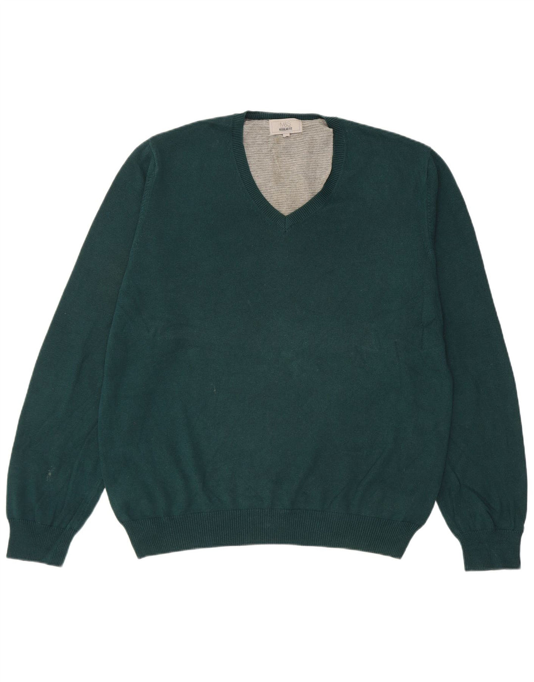 Suéter masculino Marks & Spencer com ajuste regular e decote em V, grande algodão verde