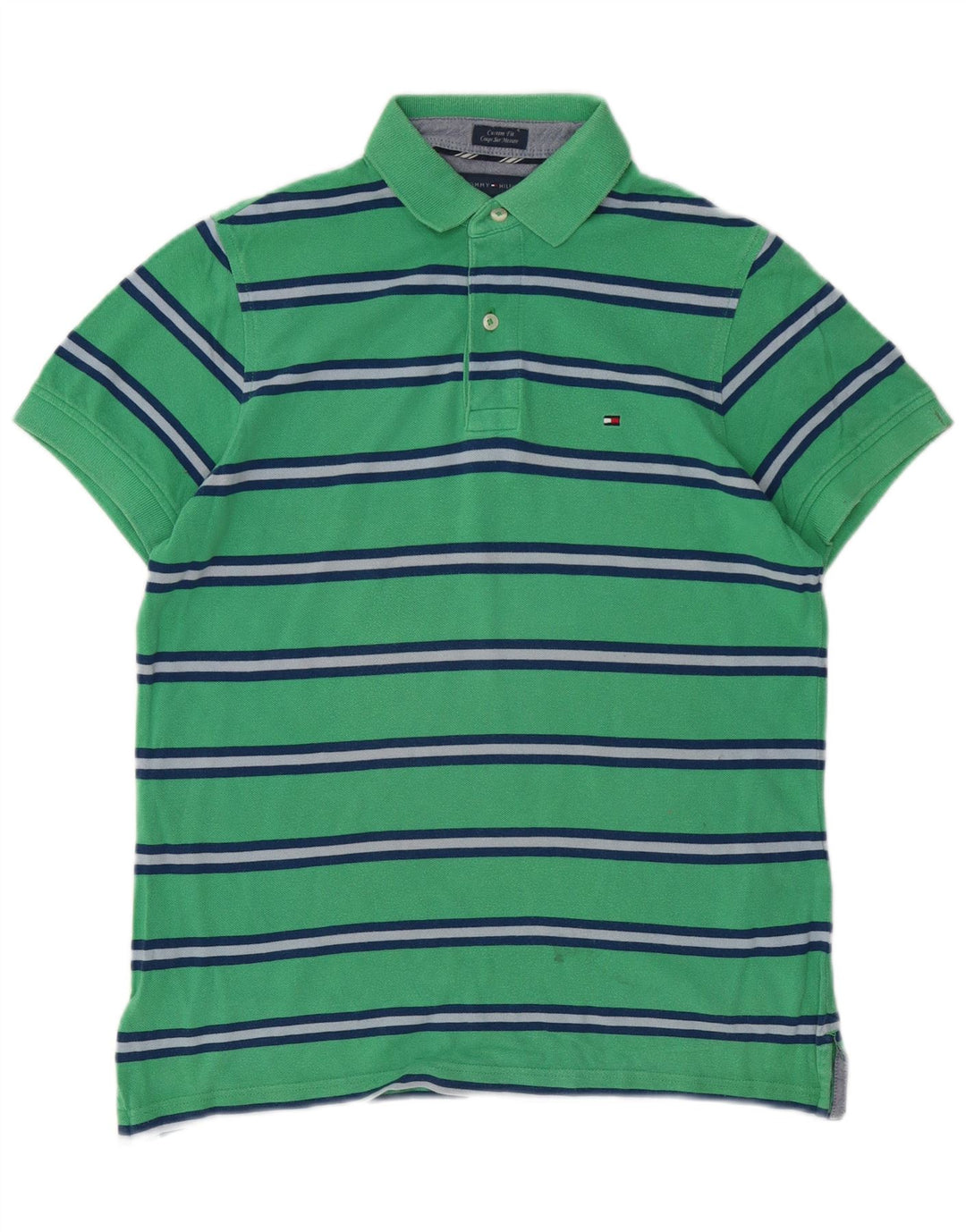 Camisa polo masculina TOMMY HILFIGER Custom Fit pequena listrada verde de algodão