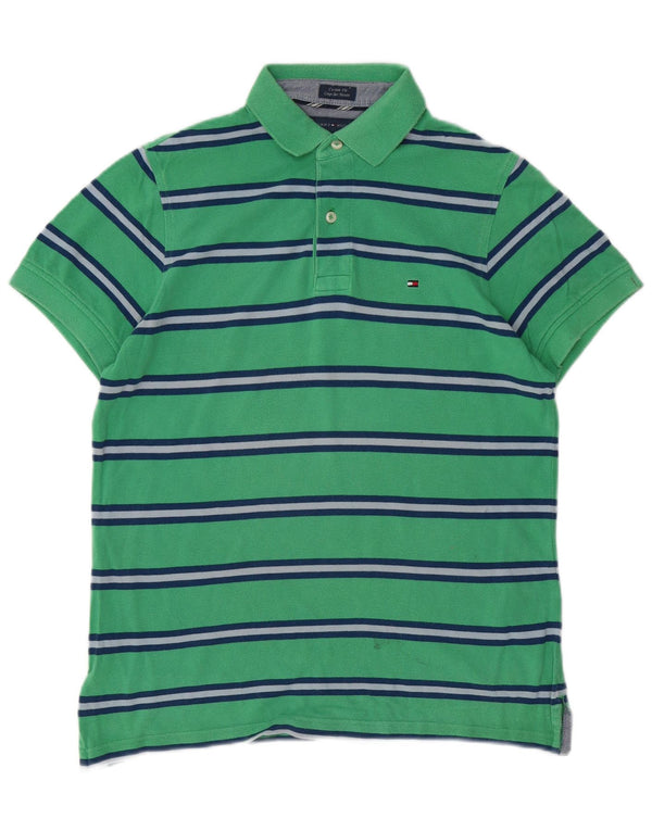 Camisa polo masculina TOMMY HILFIGER Custom Fit pequena listrada verde de algodão