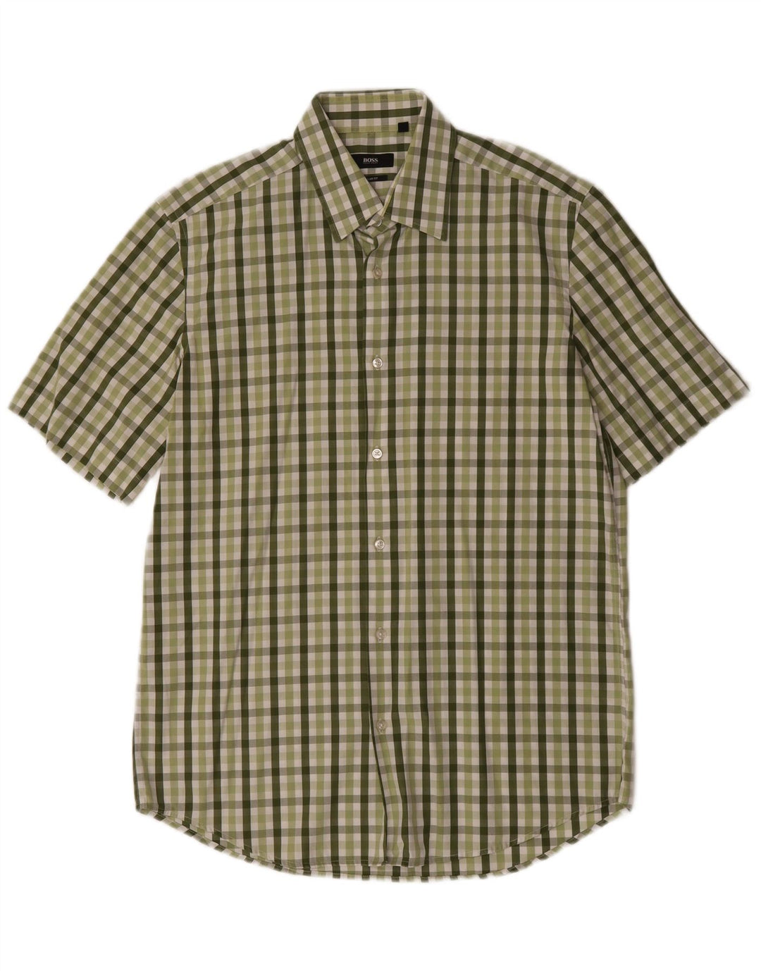 Camisa masculina de manga curta Hugo Boss tamanho 40 15 3/4 verde médio guingão