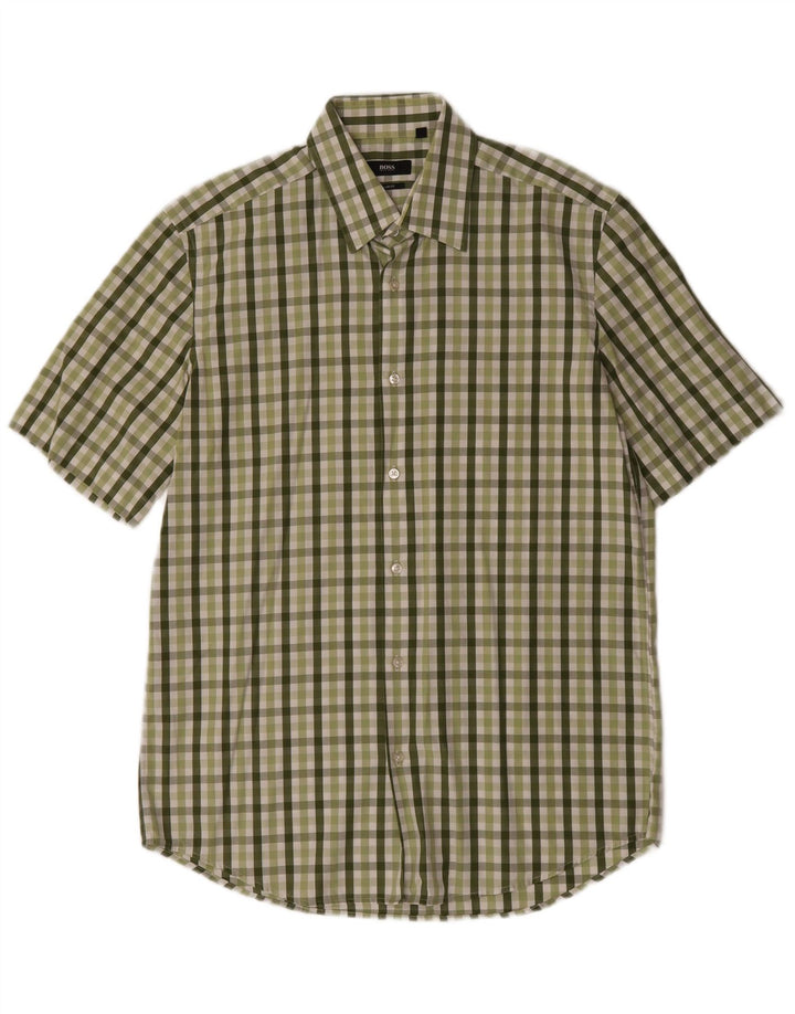Camisa masculina de manga curta Hugo Boss tamanho 40 15 3/4 verde médio guingão