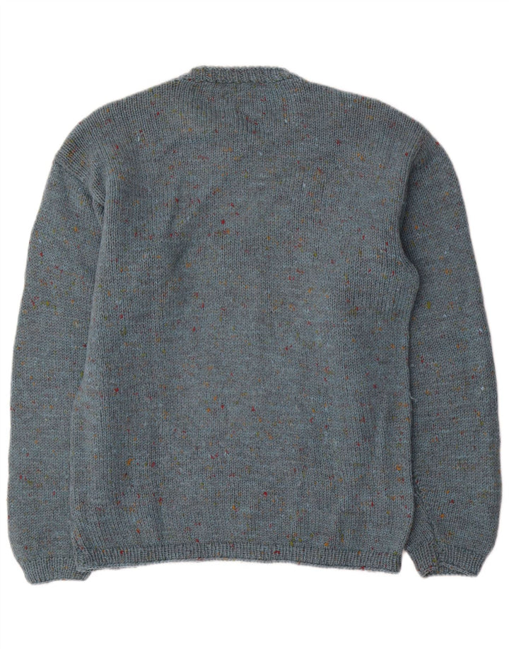 Suéter vintage masculino com gola redonda, médio azul manchado