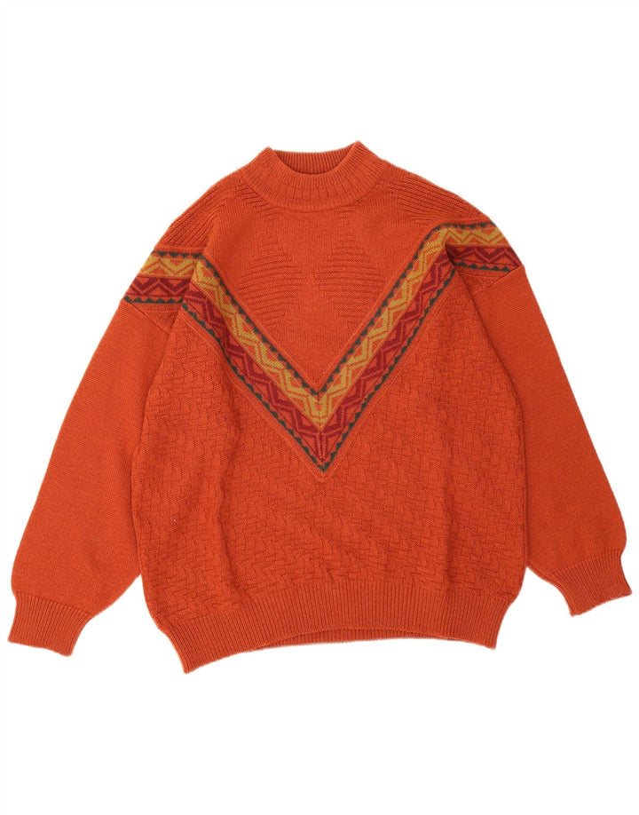 Suéter vintage masculino com gola tartaruga e lã geométrica grande laranja