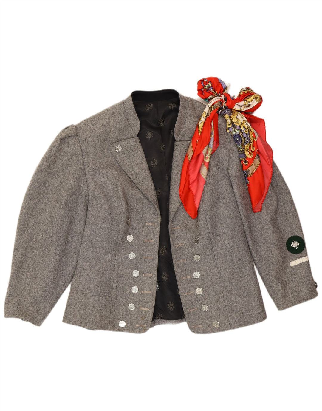 Jaqueta blazer feminina vintage Trachten manga 3/4 Reino Unido 14 cinza médio