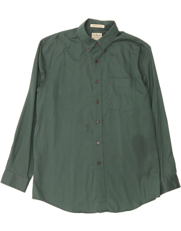 L.L.BEAN Mens Wrinkle Resistant Shirt Medium Green Cotton Vintage L.L.Bean and Second-Hand L.L.Bean from Messina Hembry 