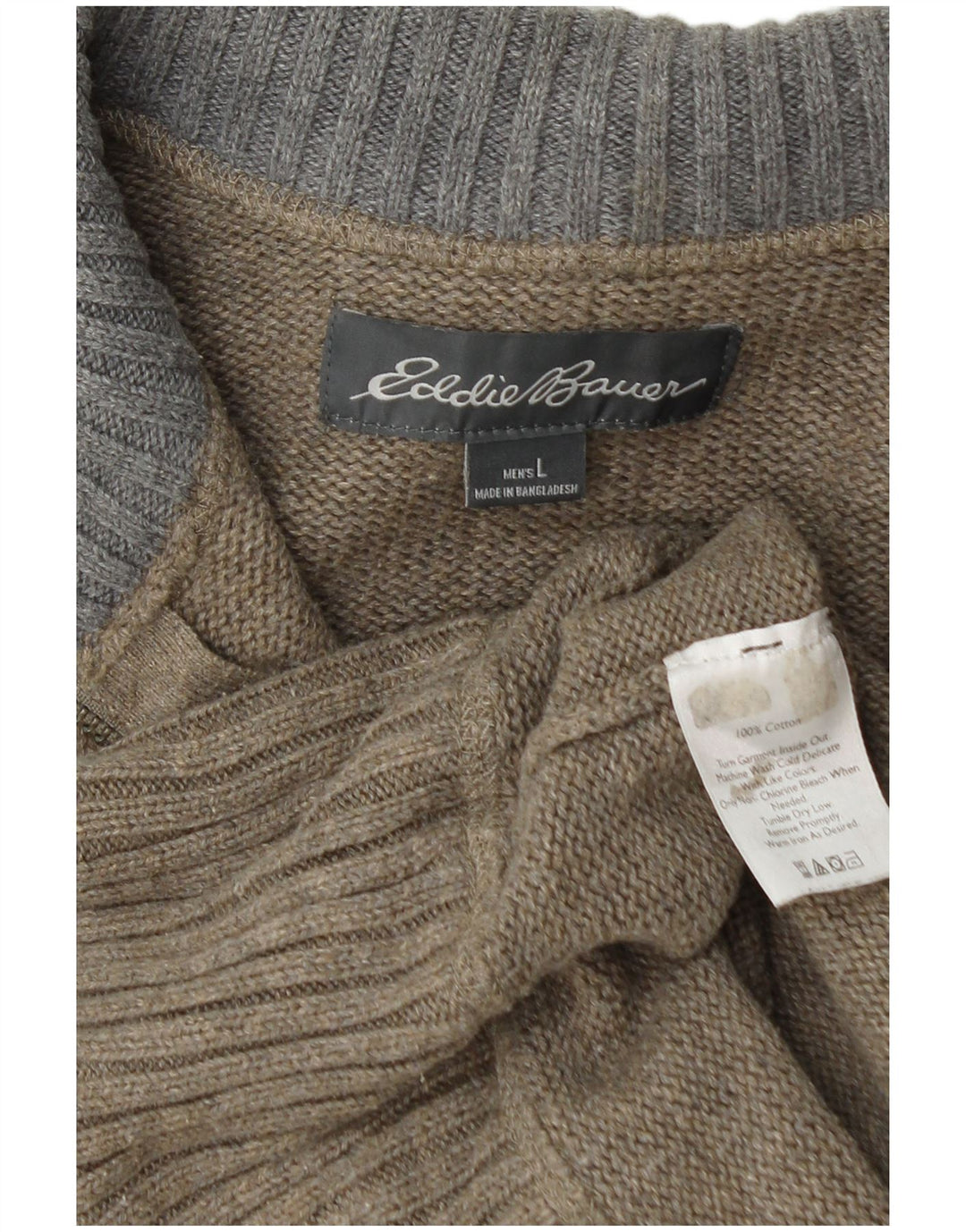 Suéter masculino EDDIE BAUER com zíper e gola grande de algodão cáqui