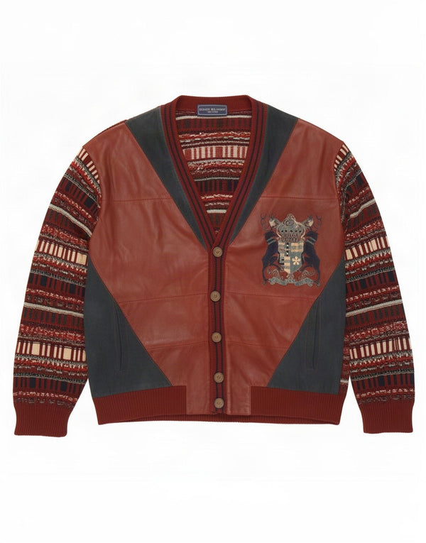 Suéter Cardigan Masculino Vintage IT 54 XL Lã Geométrica Borgonha